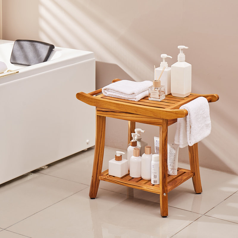 Banc de douche en teck, 56 x 36,5 x 47 cm, capacité de charge maximale de 136 kg, tabouret de douche en bois imperméable avec tablette de rangement, poignée et pieds antidérapants.
