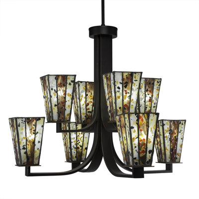 Eurig 8 Light Uplight Chandelier Shown In Dark Granite Finish With 5" Square Fiesta Art Glass
