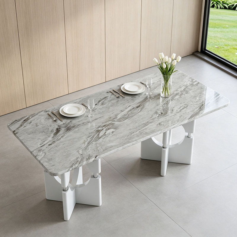 Table de salle à manger moderne en MDF à motif de marbre gris, structure évidée élégante avec détails en métal, table de cuisine compacte pour petits espaces