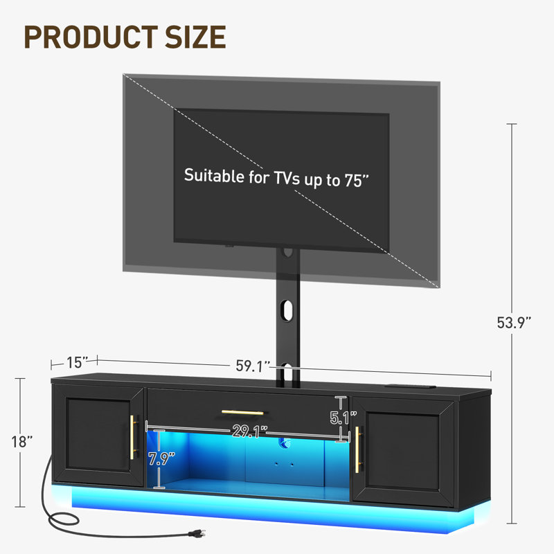 TV Stand with Swivel Mount and Power Outlet, LED Entertainment Center for TVs, Black, 53.9"H x 59.1"L x 15"W