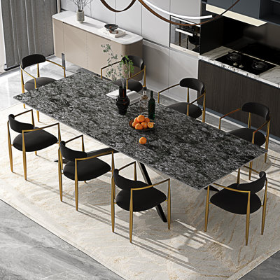 Ensemble de table de salle à manger 9 pièces 110,24 po avec 8 accoudoirs rembourrés en tissu