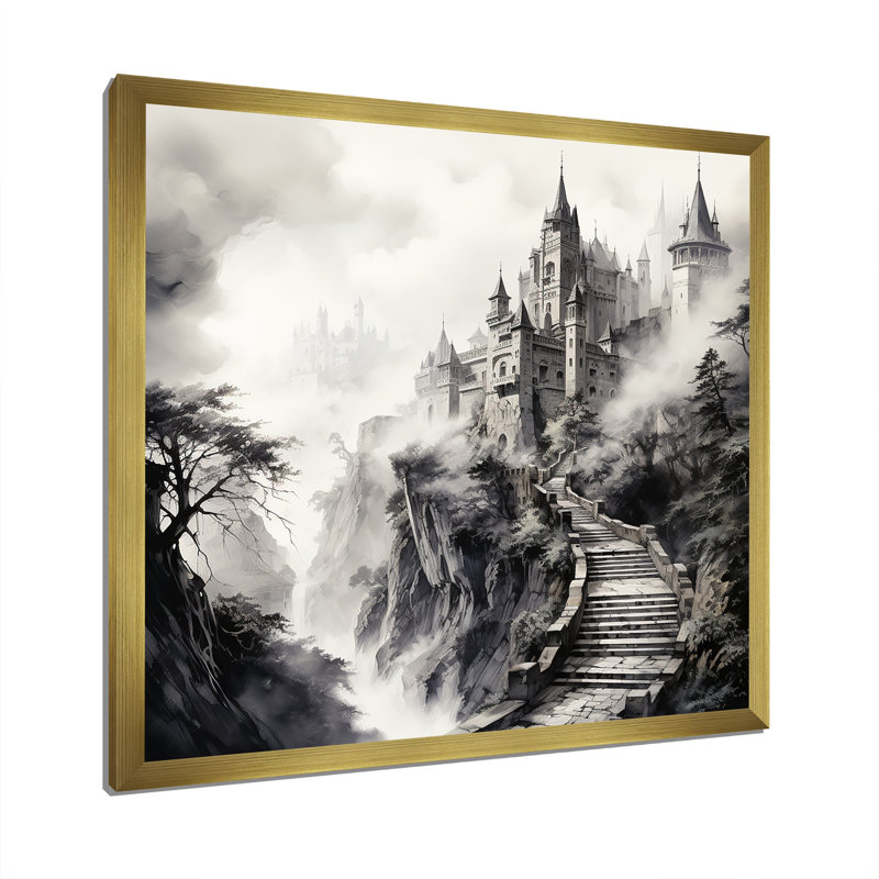 «Gray Foggy Fairytale Castle», art mural fantastique, Cadre doré simple, H 30 po x l 30 po x P 1,5 po