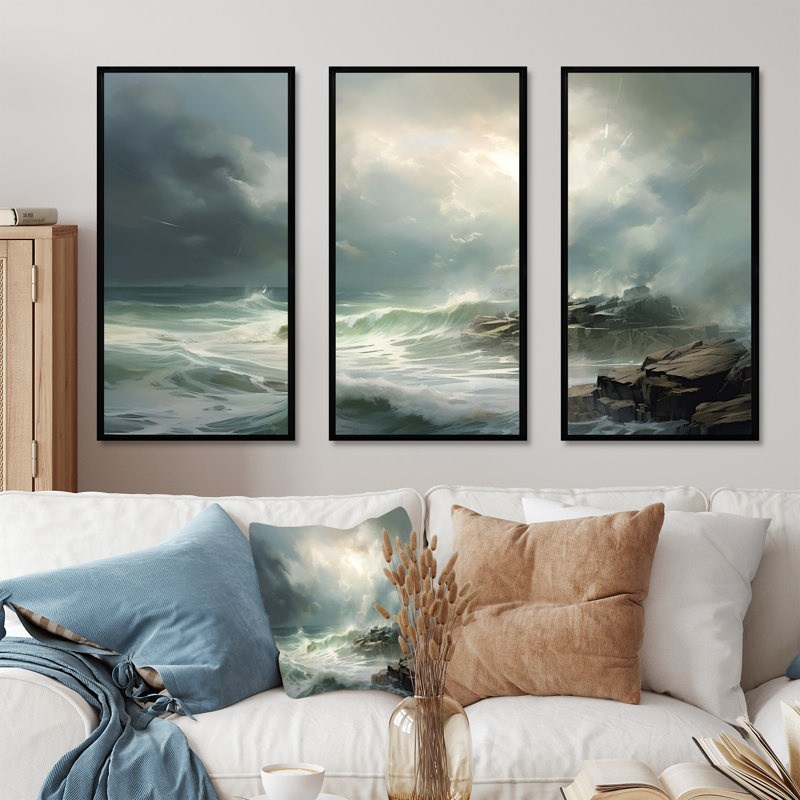 «Ocean Coastal Fury Storm» - ensemble d'art mural tempêtes, Cadre flottant noir, H 40 po x l 60 po x P 1 po