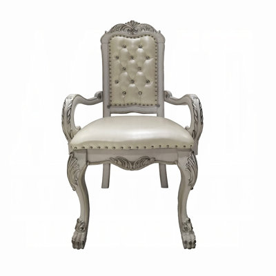 Dining Room Arm Chair Of 2 In And Bone White, Elegant Intricate Design, Button Back, Faux Leather Seat White For  2 , Classic Legs, Modern Flair Upholstery, Finish