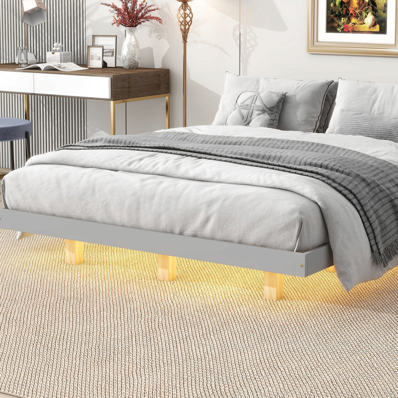 Grand lit flottant pour grand lit avec lumières à DEL en dessous, lit plateforme moderne à profil bas pour grand lit avec lumières à DEL, gris
