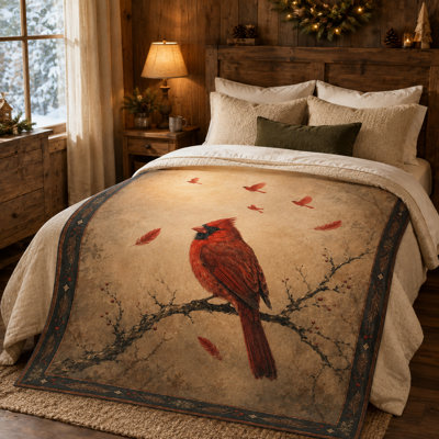 Antique Framed Cardinal Flannel Blanket, Red Bird on Bare Branch with Flying Silhouettes and Feathers, Vintage Accent for Bedroom, Sofa and Study, 60 x 80 in