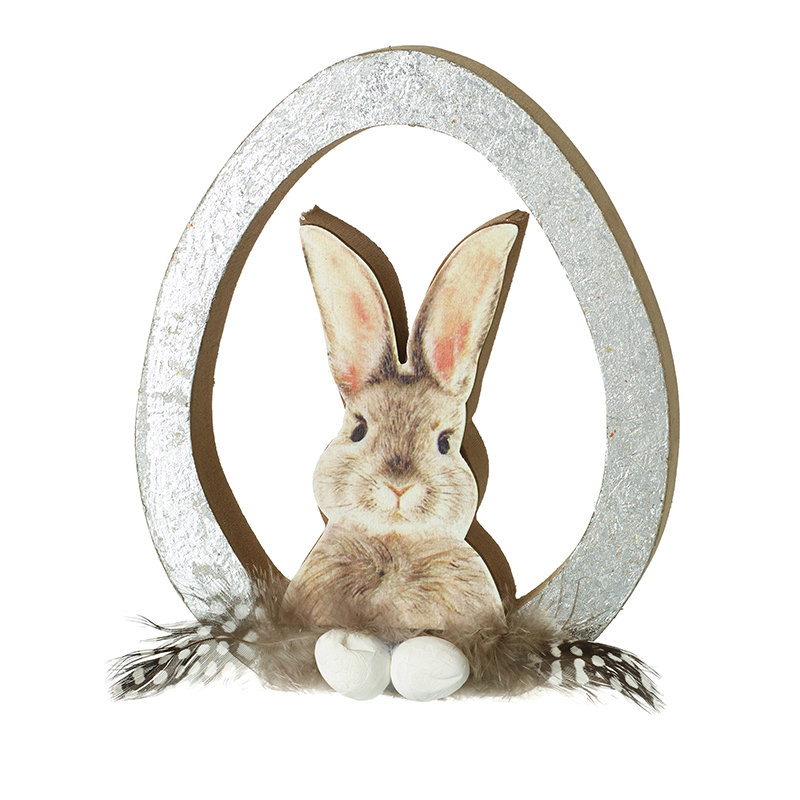 Wood Rabbit In Egg Standing Dec, 14cm x 12cm, Beige/Grey