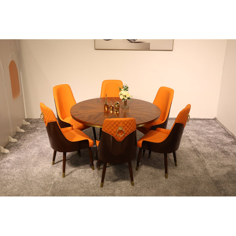 Ensemble repas rond Vogue Lux, Orange, 7 pièces : table, 6 chaises, H 31 po x l 51 po x P 51 po