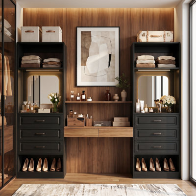 Système de rangement pour garde-robe avec éclairage DEL et miroir, organisateur de placard à 3 tiroirs ouverts