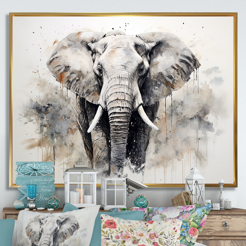 Éléphant élégant en mouvement II - reproduction sur toile, H 24 po x l 32 po x P 1 po, Cadre flottant doré