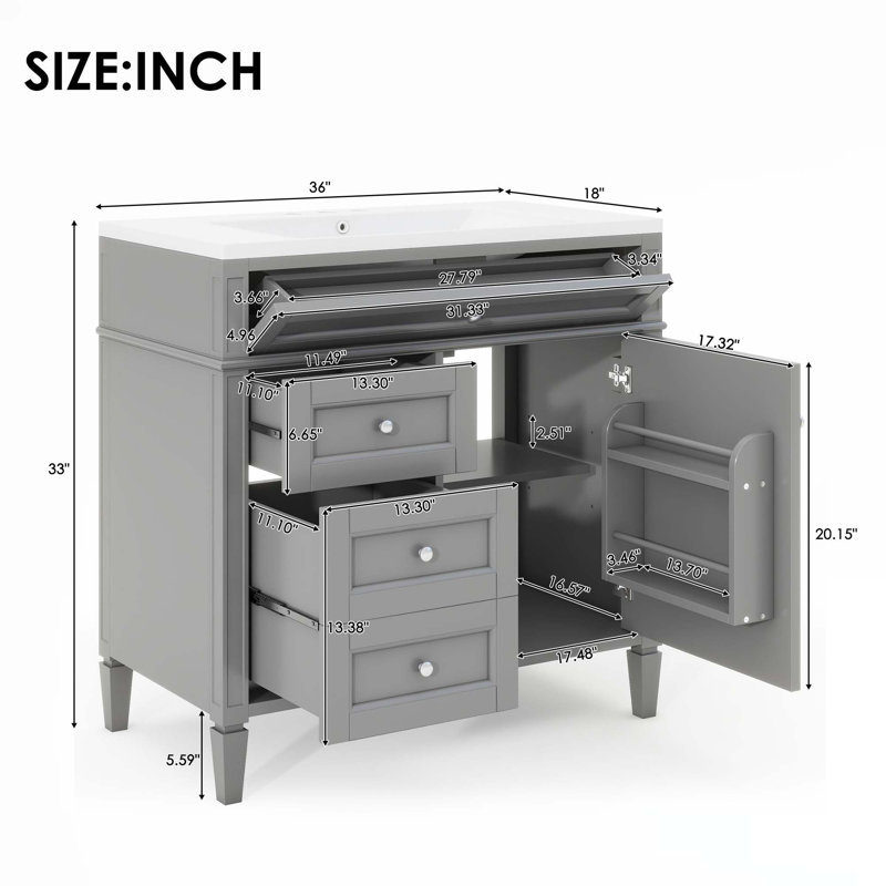 Meuble-lavabo 36 po avec lavabo supérieur, Gris