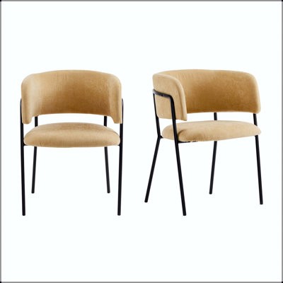 Modern Upholstered Arm Dining Chair with Metal Legs - Yellow, Set of 2