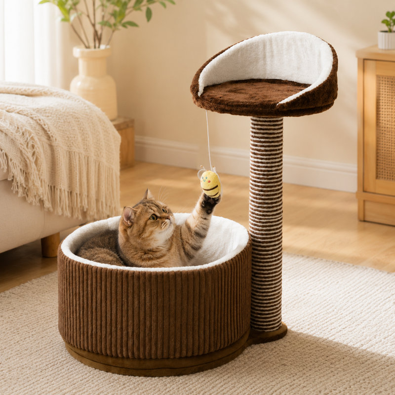 Arbre à chat tout-en-un compact pour petits appartements, Brun