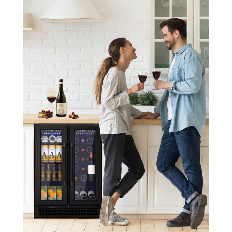 Refroidisseur à vin et à boissons encastré / autoportant en acier inoxydable noir à 24 zones pour 18 bouteilles de vin et 88 canettes