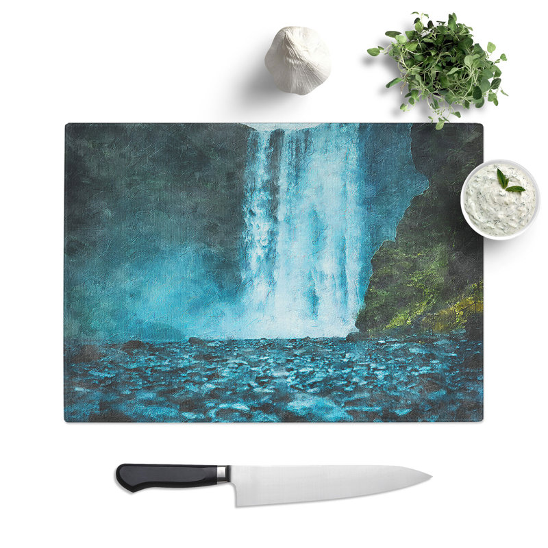 Tempered Glass Waterfall Path in Iceland Painting Chopping Board, 28.5 cm x 39 cm