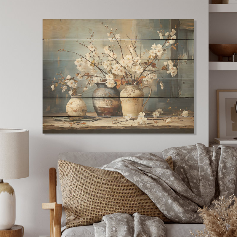 Poterie et fleurs, nature morte I, art mural panneau d'arbres sur bois de pin naturel, H 24 po x l 32 po