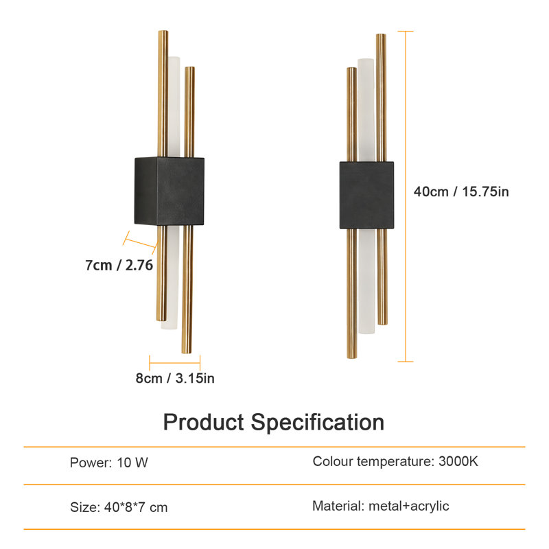 3000K 1-Light 40cm Black & Gold LED Bar Wall Sconce 