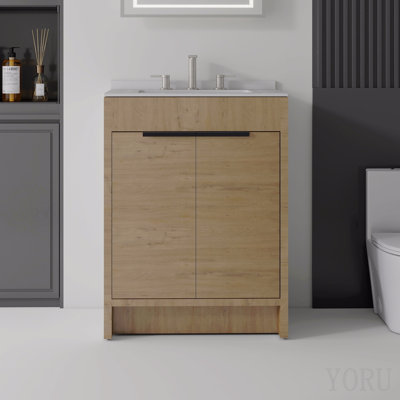 Meuble-lavabo autoportant de 61 cm avec lavabo, porte à fermeture amortie, comptoir et dosseret en marbre reconstitué blanc granit de 1,5 cm, contreplaqué et chêne.