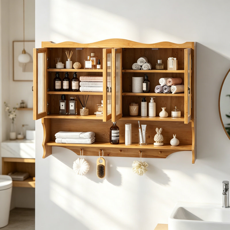 Armoire murale 39,37 "à 4 portes rétro, avec deux niveaux d'espace de rangement et un support à crochets ouverts, convient aux salles de bain, cuisines, salles à manger, naturel