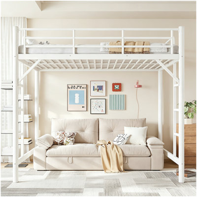 Full Size Metal Loft Bed, Loft Bed with Easy Climbing Ladder and Guardrails , White