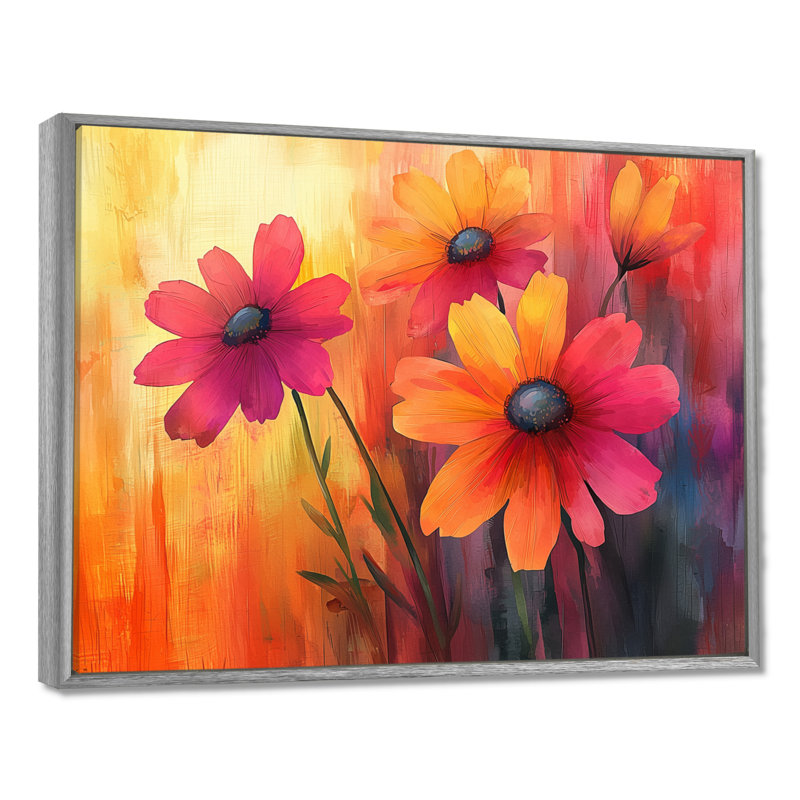 Jacquetta orange dansant parmi les fleurs sauvages I - décoration murale fleurs sauvages, Argent argent, H 34 po x l 44 po