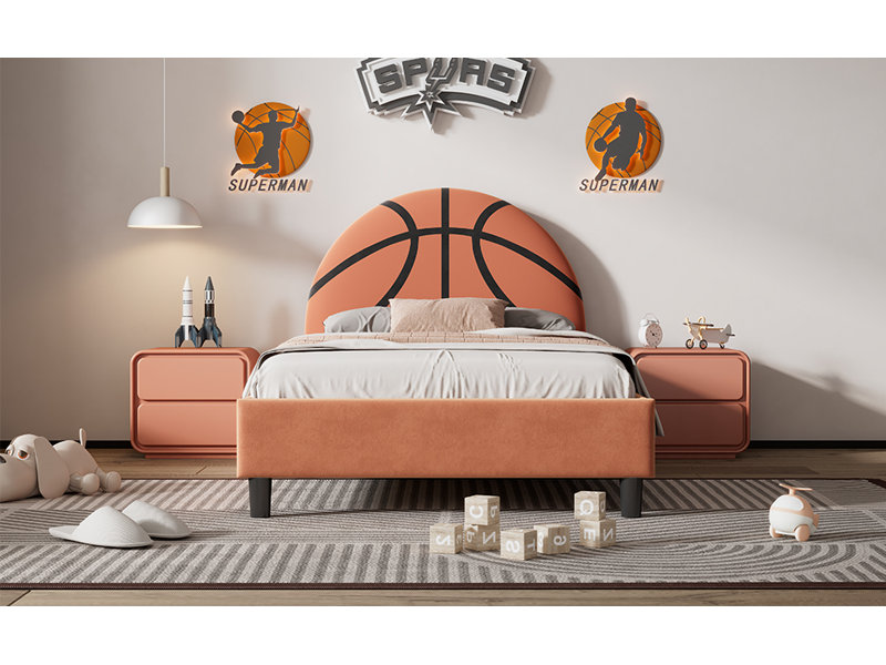 Basketball Design Upholstered Twin Platform Bed Sport Style Bed for Boys & Girls, Teens, Orange