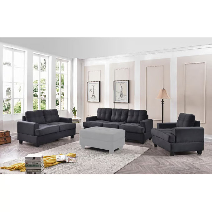 Sedef White 3pc Living Room Set, Black Microfiber / Microsuede