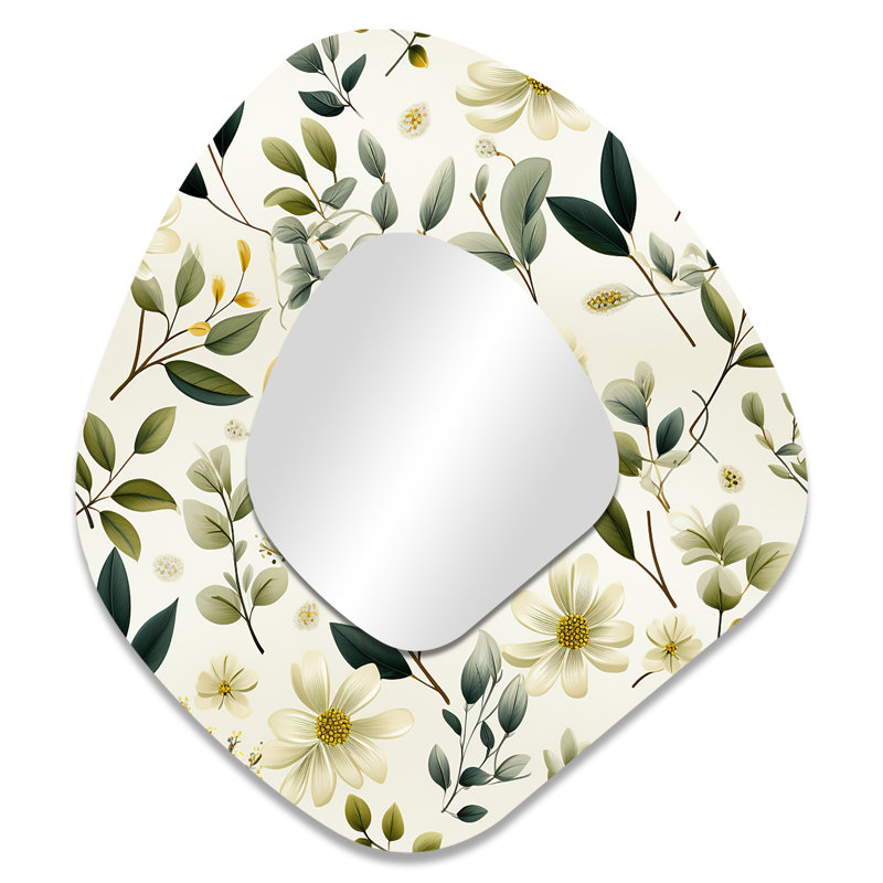 Botanical Neutrals Boho Pattern II - Boho Irregular Shape Decorative Mirror, Bohemian Asymmetrical Wall Mirror, Printed Metal Art