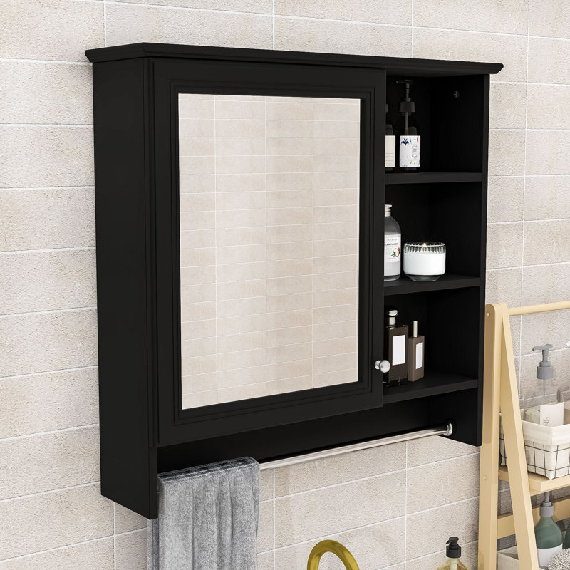 Armoire à pharmacie murale 2 en 1 avec tablette réglable et porte-serviettes, Noir