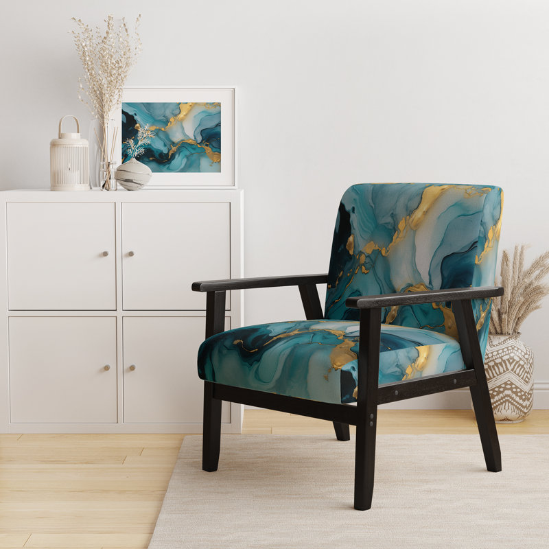 Berdahl Marble Upholstered Armchair, Turquoise/Gold, Black Square Arms