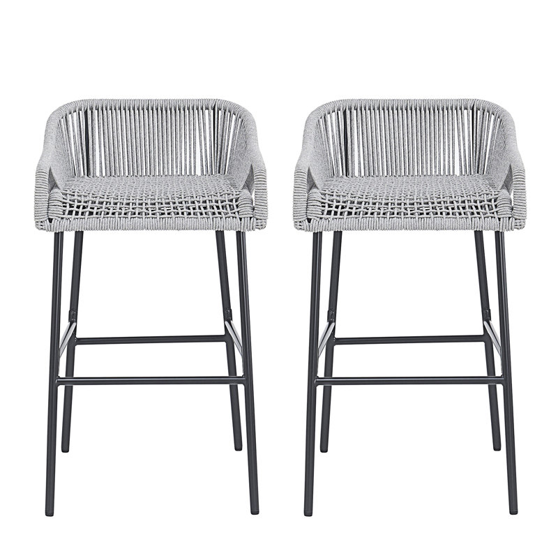 Set Of 2 Outdoor Patio Rope Barstool, Light Gray