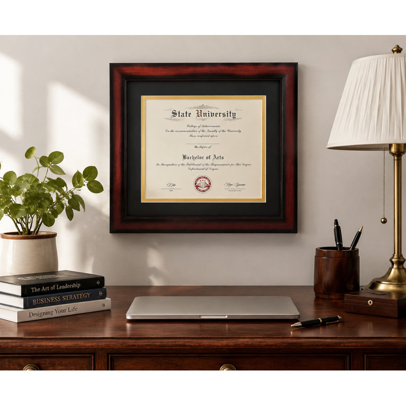 Cherry Solid Wood Diploma Frame, Tempered Glass, 11"x14" Certificate with Black Gold Double Mat, Black Mat
