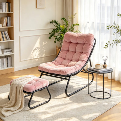 Fauteuil de jardin avec repose-pieds, fauteuil inclinable en toile avec coussin moelleux, structure noire et coussin rose pour intérieur et extérieur
