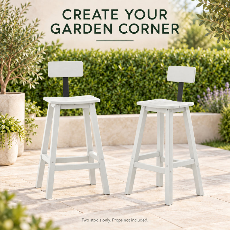 Ensemble de 2 tabourets de bar avec dossier, 74 cm (29 pouces), idéal pour îlot de cuisine ou bar, aspect bois texturé blanc, siège et repose-pieds incurvés, gain de place pour l'intérieur et l'extérieur.