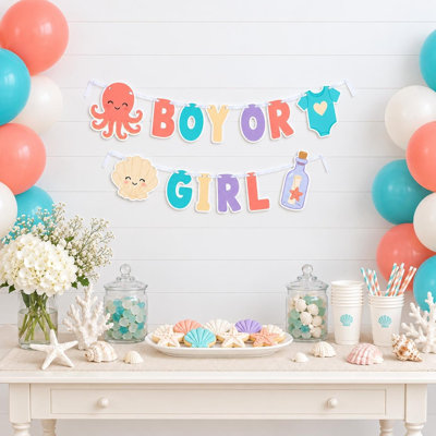 Bannière surprise « Huit bras, une surprise » pour révélation du sexe du bébé, guirlande de lettres pieuvre garçon ou fille, thème océan corail turquoise