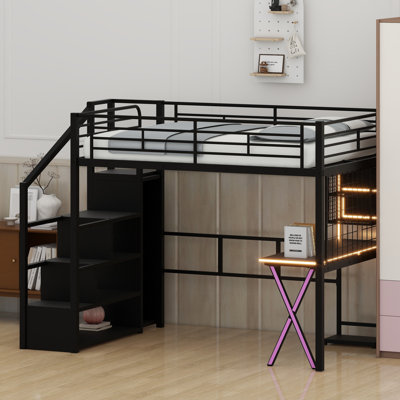 Cadre de lit mezzanine avec bureau intégré, armoire, rangement dans l'escalier et éclairage DEL