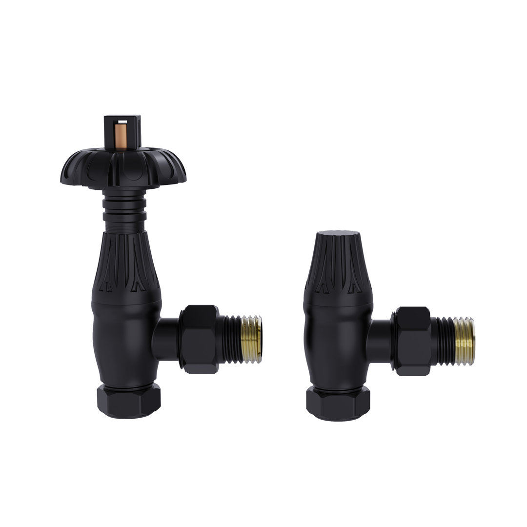 Traditional Thermostatic TRV Antique Design Angled Radiator Rad Valves Pair Antique Brass