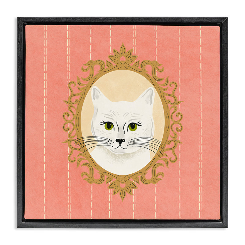 «White Cat Portrait» par Carrie Cantwell, H 25 po x l 25 po, Cadre flottant gris lustré