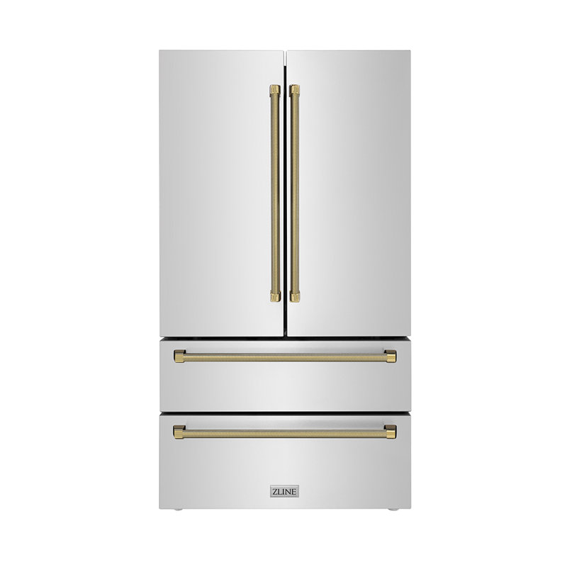 ZLINE Autograph 36 in. Stainless Counter-Depth Fridge w/ Water Dispenser & Bronze Helix Handles, Champagne Bronze