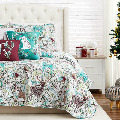 Ensemble de courtepointe réversible Christmas Woodland - gris / menthe / prune