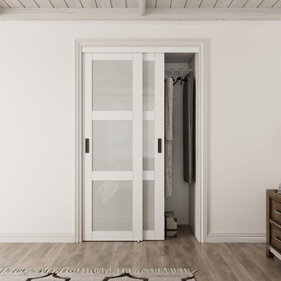 80" White Tempered Forested Glass Sliding Closet Door with Full Hardware Kit & Handles for Pantry,𝐀𝐬𝐬𝐞𝐦𝐛𝐥𝐲 