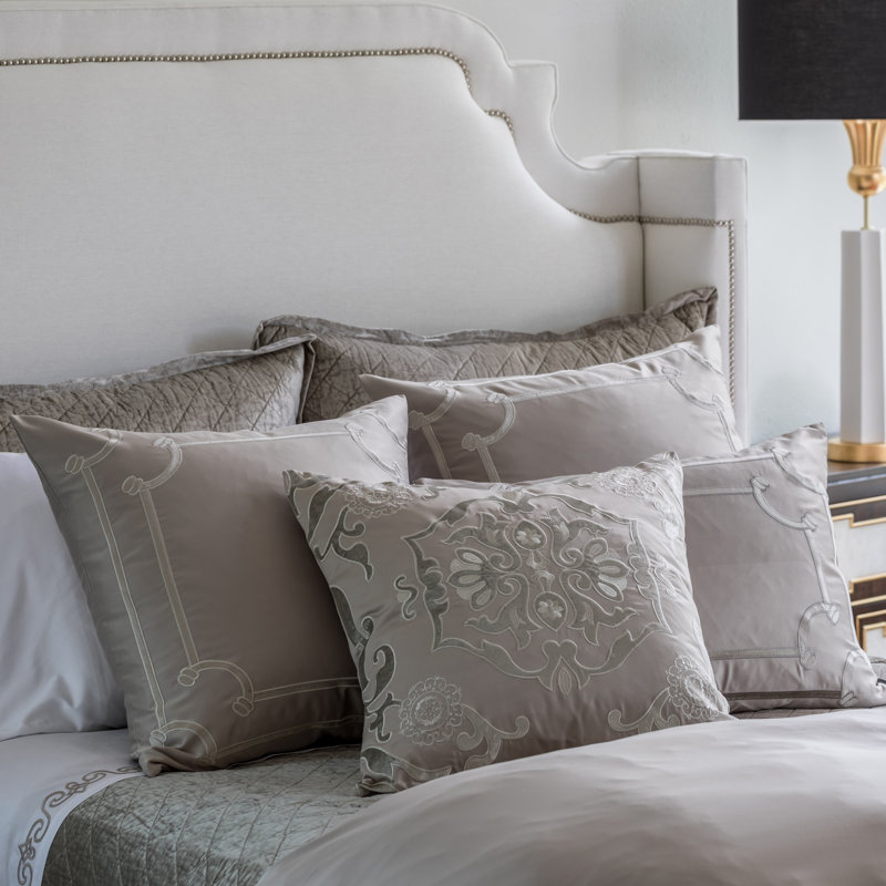 Taupe Embroidered Velvet Appliqued Rectangular Feather Pillow