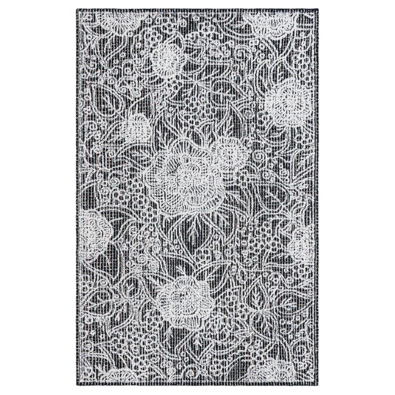 Tapis floral noir / ivoire en coton et coton touffeté à la main Chrishaunda, Rectangle 6 pi x 9 pi