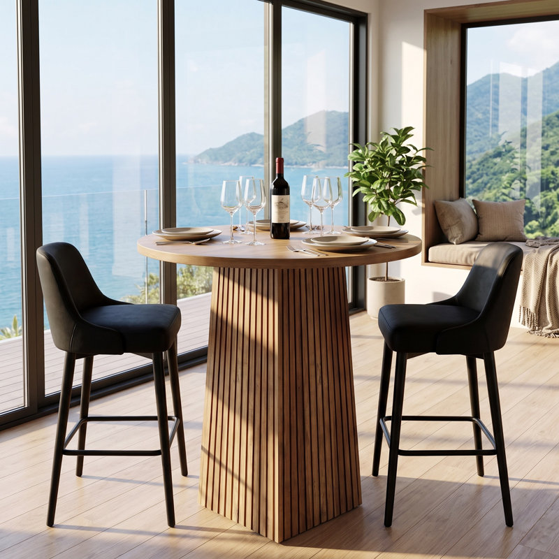Table de bar ronde de 39,37 po de hauteur avec plateau de table brun et base en bois, 1 pièce