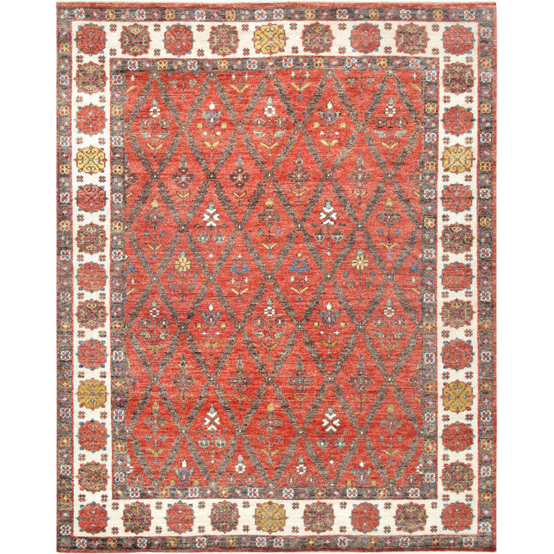 Nomad Hand Knotted Wool Geometric Area Rug in Rust/Ivory