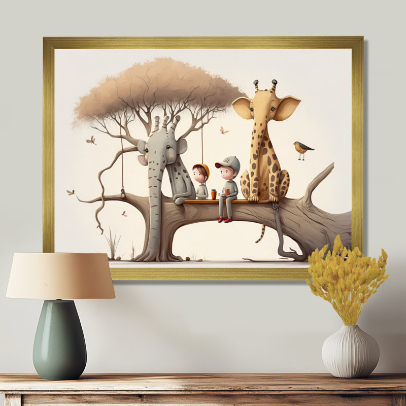 Girafe et éléphant avec enfants - décoration murale éléphant, H 12 po x l 20 po, Cadre photo unique, Gold