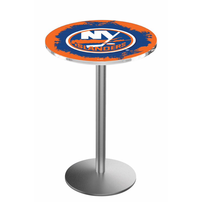 NHL Round Metal Base Dining Table, New York Islanders, Stainless Steel