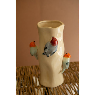  Ceramic Log Vase with Colorful Birds – 12.5" Tall Handcrafted Art Décor