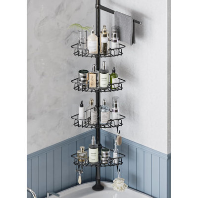 Étagère de douche d'angle à 4 niveaux avec barre de tension antirouille, hauteur réglable (81 à 312 cm),