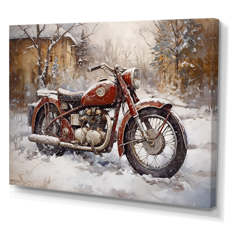 Vélo rouge rustique en hiver, H 24 po x l 32 po x P 1 po, Toile tendue